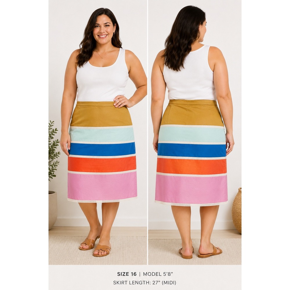 J.Crew Womens Size 16 Colorblock Striped Linen Blend Lace Trim Midi Skirt Multi